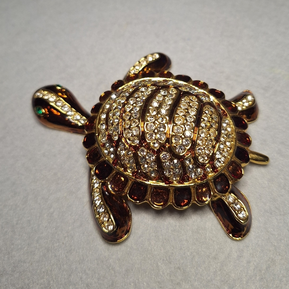 Rhinestone Enamel Turtle Brooch in Gold and Brown